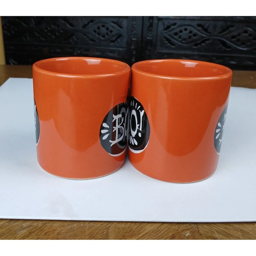 Set of 2 Crate‎ & Barrel Orange Boo Halloween Fall Pumpkin Small Coffee Mugs 3